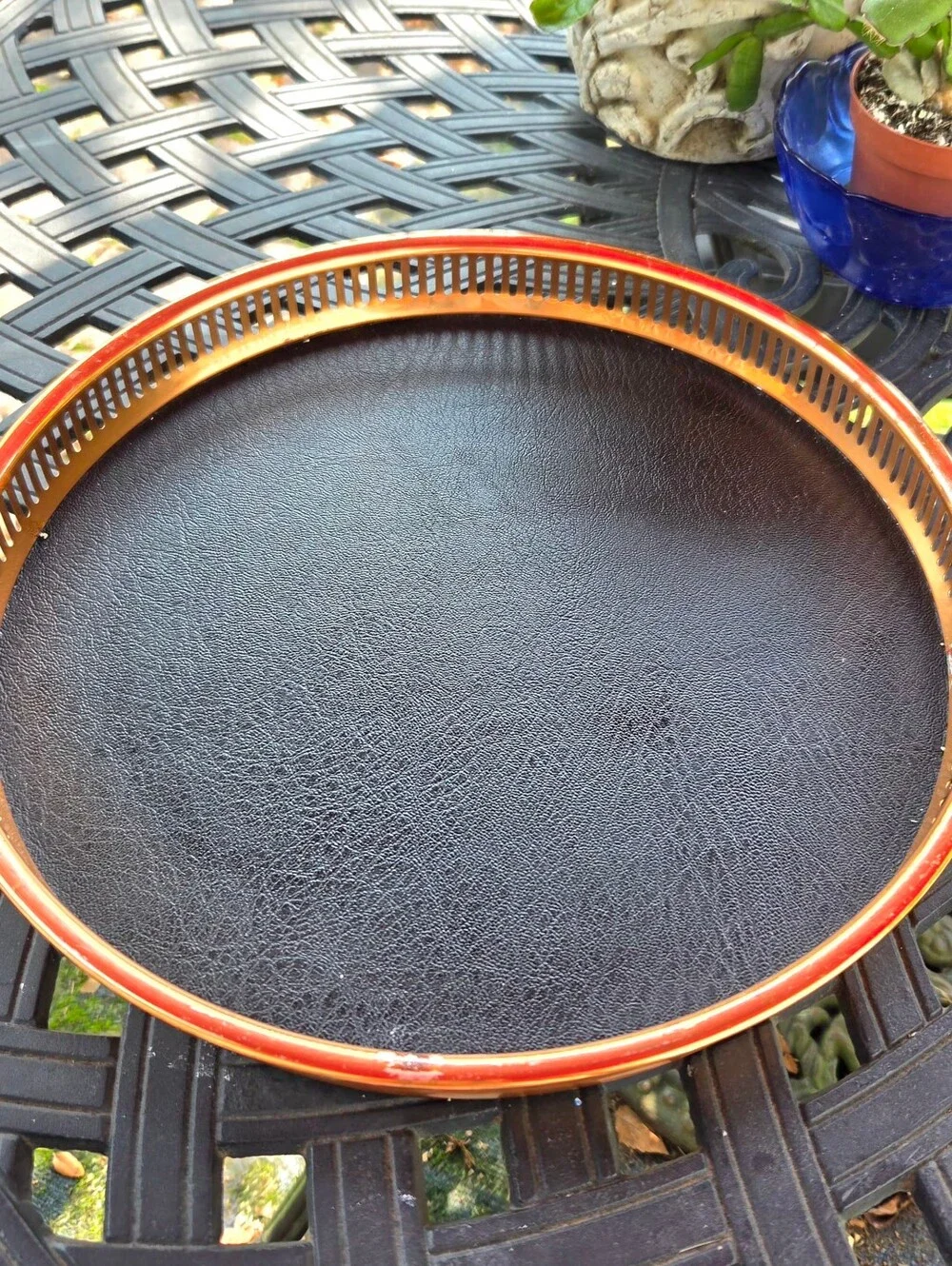Vtg Coppercraft Guild 13” Copper Edge Round Bar Serving Tray MCM Faux Leather